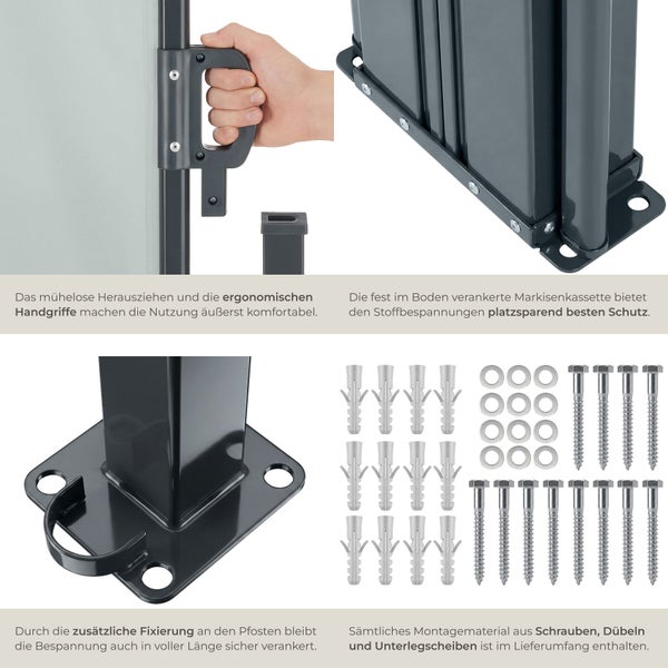 Details einer Seitenmarkise: ergonomischer Griff, Bodenbefestigung der Kassette, Standfuß und Montageset mit Schrauben, Dübeln und Unterlegscheiben.