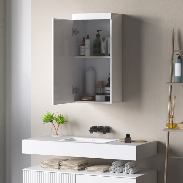 HOMCOM Hängeschrank Wandschrank mit Tür, Badezimmerschrank, Küchenschrank mit 2 Ebenen, Wandmontage Medizinschrank Weiß 37,2 x 24,5 x 76,8 cm