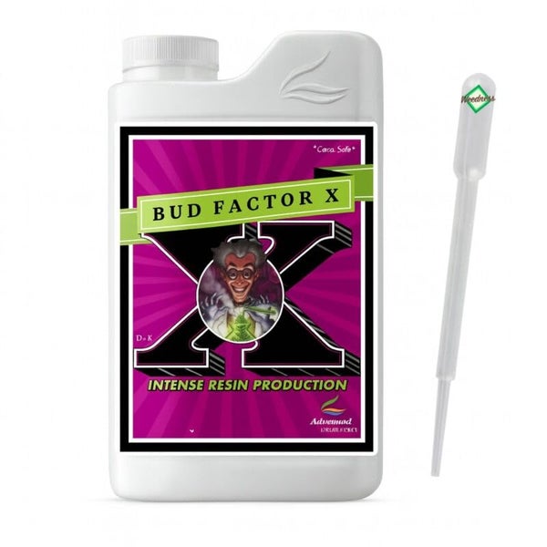 Bud Factor X Pflanzenhilfsmittel von Advanced Nutrients in einer Kunststoffflasche mit Pipette. Advanced Nutrients Logo. Weedness Logo.