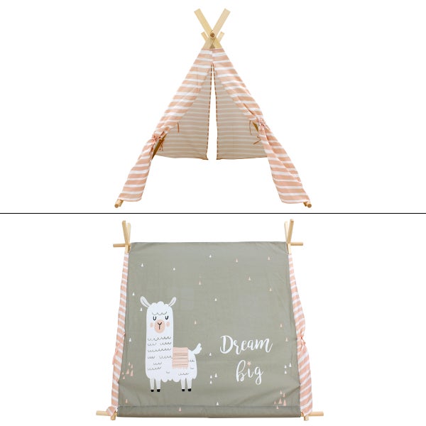 ECD Germany Tipi Spielzelt für Kinder 108x105x117 cm, Indianerzelt Warm-Grau mit Lama Motiv, drinnen/draußen, Teepee Kinderzelt mit 2 Türen und einem Fenster, Kinderzimmer Spielhaus für Mädchen/Jungen