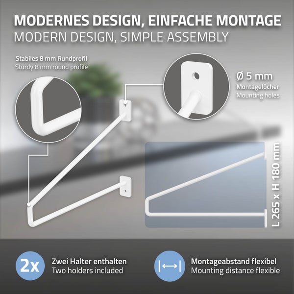 ML-Design 2 Stück Regalhalterung, 265 mm, Weiß, aus Stahl, Haarnadel Regalhalterungen, Schwebe Regalwinkel, Hairpin Wandhalterung, Regalträger für Wandmontage, Industrielle Wandregal, Wandkonsole