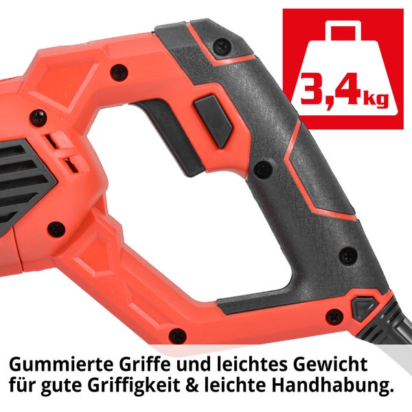 Detailaufnahme von gummierten Griffen einer Säge mit dem Symbol für ein leichtes Gewicht von 3,4 Kilogramm.