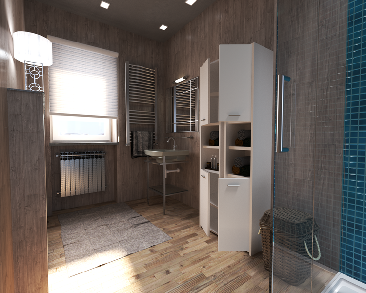 Helles Badezimmer mit Waschbecken, Handtuchwärmer, Schrank und Dusche