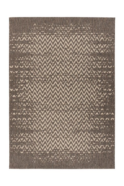 Rechteckiger Teppich mit Zickzack-Muster in Braun und Beige, Flachgewebe, modernes Design mit verblassten Details.