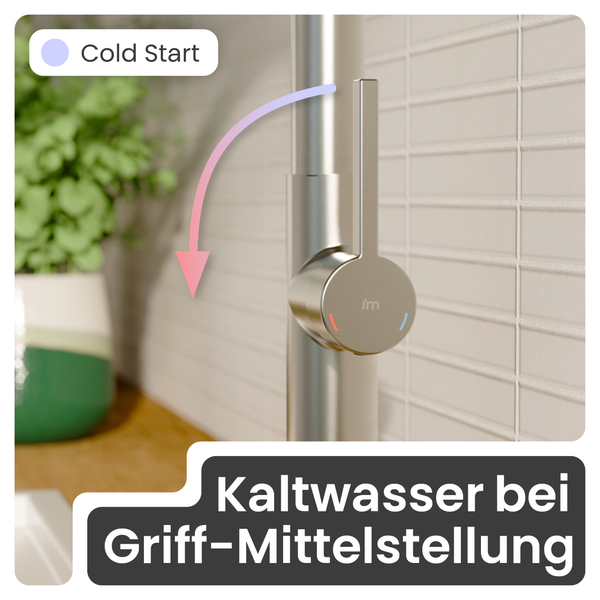 Küchenarmatur mit Cold Start Funktion für Kaltwasser bei Griffmittelstellung