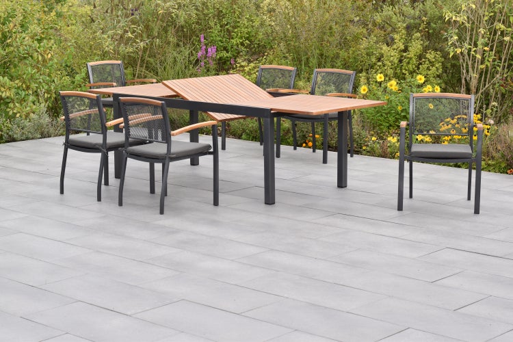 Tilos Gartenmöbelset 13tlg., Stapelsessel inkl. Auflagen, Ausziehtisch 180 (250) x 100 cm