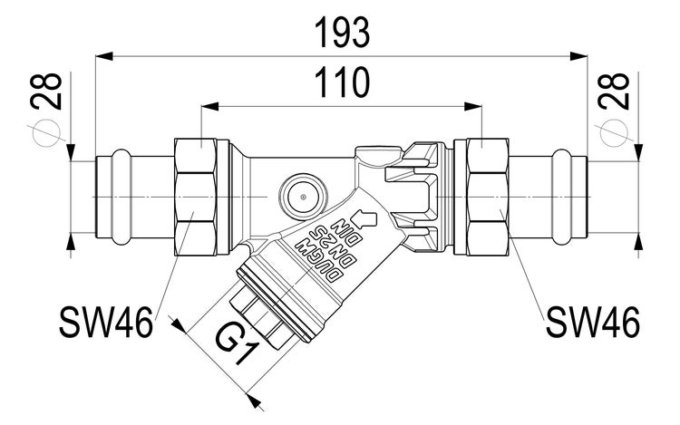 Technische Zeichnung eines Schrägsitzventils mit Maßangaben: Gesamtlänge 193 Millimeter, Durchmesser 28 Millimeter, Schlüsselweite 46 und G1 Gewinde.