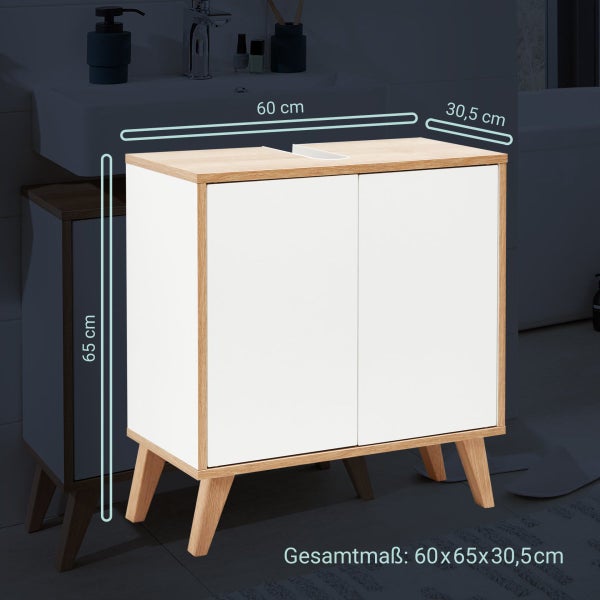 FACKELMANN FINN Badmöbel Set 2 Teile / Waschbeckenunterschrank mit Push-to-Open / 4 Holzfüße / Badschrank mit 2 Türen / Korpus & Front: Weiß / Rahmendekor & Füße: Braun hell / Breite: 60 cm