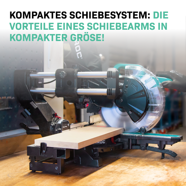 Kompakte Kapp- und Gehrungssäge mit Schiebesystem beim Sägen eines Holzbretts.