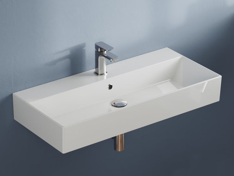 Aqua Bagno Loft KS.90 Waschtisch 90x42 cm – Keramik, Weiß Hochglanz, mit Hahnloch & Überlauf, wandhängend oder als Aufsatzwaschbecken