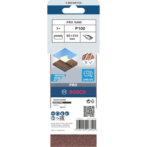 Bosch Pro Schleifstreifen PRO X440, Körnung P100, 65x410 Millimeter, Dreierpack