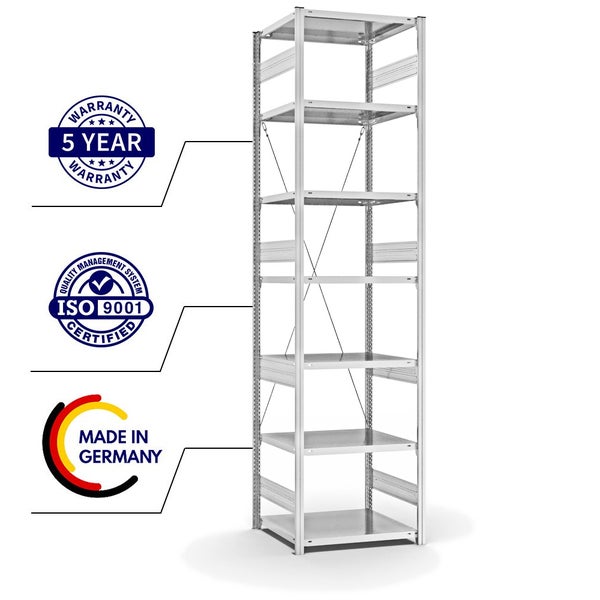 PROREGAL Fachbodenregal Stecksystem T-Profil Heavy-Duty Grundregal HxBxT 300 x 75 x 60 cm 7 Ebenen Fachlast 300 kg Einseitig Nutzbar Lichtgrau