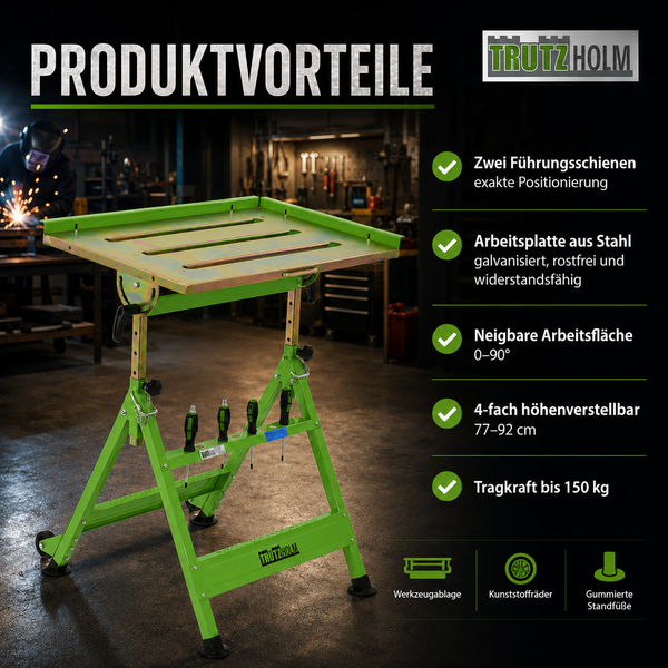 Trutzholm Schweißtisch mit neigbarer Platte aus galvanisiertem Stahl, höhenverstellbar von 77 bis 92 Zentimeter, Tragkraft bis zu 150 Kilogramm.