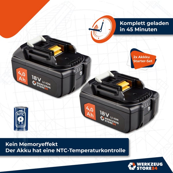 Zwei 18 Volt Werkzeugstore24 Akkus mit 4.0 Amperestunden NTC Temperaturschutz