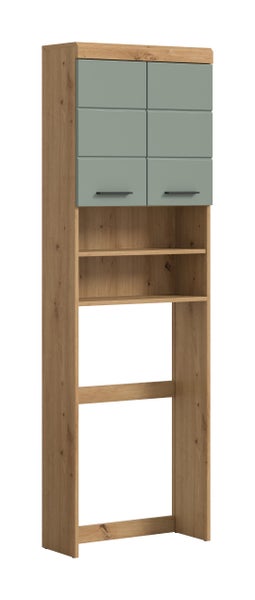 Wandregal mit Schrankaufsatz in Holzoptik und matten Fronten mit zwei Fächern und geschlossenen Türen.