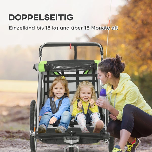HOMCOM 2 in 1 Kinderfahrradanhänger, 142L x 75B x 101H cm, Stahl, Oxfordstoff, Grün