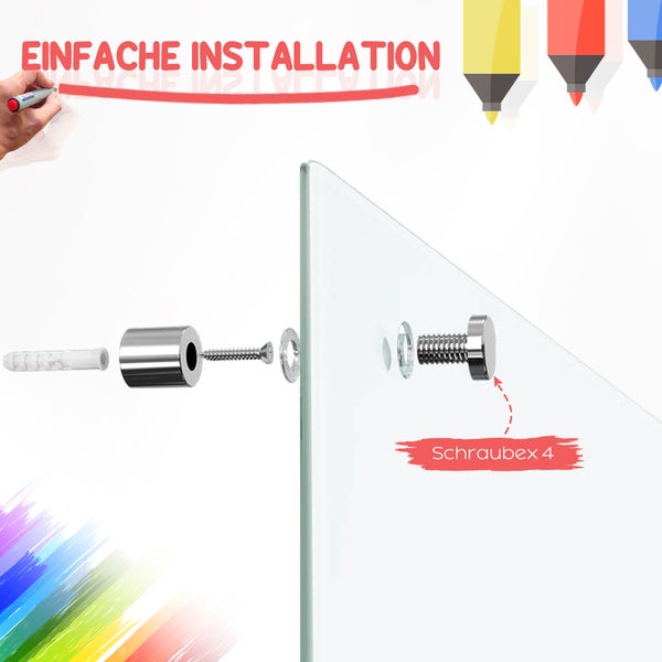 Darstellung der einfachen Montage einer Glasmagnettafel mit Dübel, Abstandshalter und Schraube.