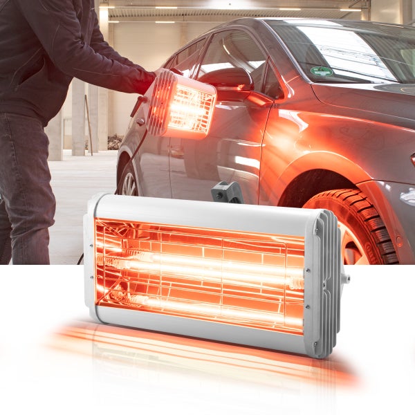 Infrarotstrahler zur Lacktrocknung am Auto in einer hellen Werkstatt, bestehend aus einem Handgerät und einer stationären Einheit mit Heizelementen.