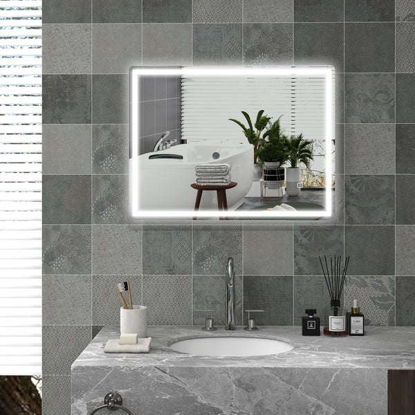 HOMCOM Badspiegel, Dimmbar Badezimmerspiegel, 80 x 60 cm Lichtspiegel mit Touchschalter, Memory-Funktion, beschlagfreier Wandspiegel, Wasserdicht