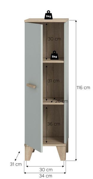 Hoher Badezimmerschrank mit einer Tür und Einlegeböden, bemaßt mit einer Gesamthöhe von 116 Zentimeter und einer Tragkraft von 5 Kilogramm.