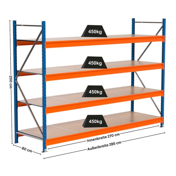 Lagerregal mit vier Ebenen, Belastbarkeit 450 Kilogramm pro Ebene und Abmessungen