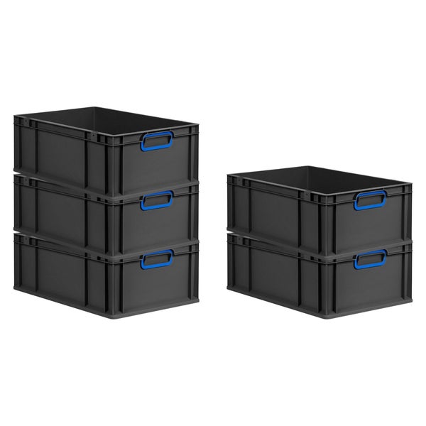 PROREGAL SparSet 5x Eurobox NextGen Color, HxBxT 22x40x60cm, 44 Liter, Griffe blau geschlossen, Verstärkter Boden, Schwarz, Eurobehälter, Transportbox, Transportbehälter, Stapelbehälter