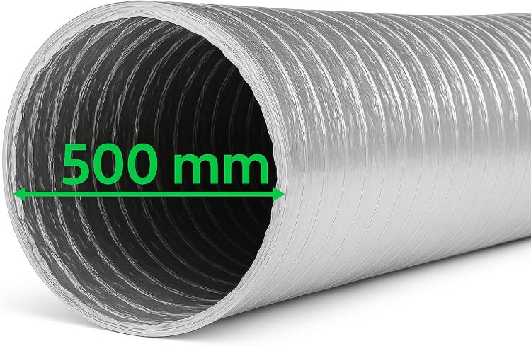 Flexibler Lüftungsschlauch aus Aluminium mit einem Durchmesser von 500 Millimeter.