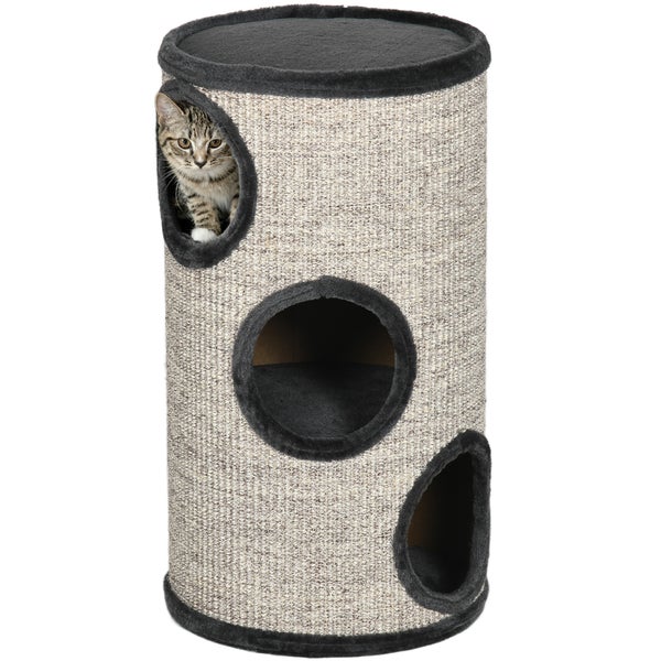 PawHut Kratztonne, Höhe 70 cm, Spieltonne für Katzen, 3 Ebenen, Katzenkratzbaum mit 3 Höhlen, Katzenbaum, Kratzturm aus Sisal, Katzenmöbel, Plüsch, Hellgrau