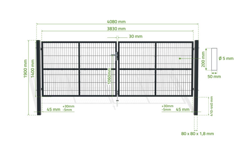 RAZO Gartentür -Graugitter-Schwingtor Breite 408  x Höhe 146 cm, inkl. Griff, Schloss und Schlüssel I Gartenpforte Einfahrtstor Hoftür