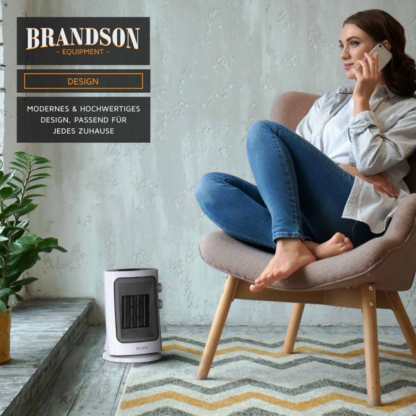 Brandson 1500W Keramik Heizlüfter mit 2 Leistungsstufen, Tragegriff & Oszillation, Überhitzungsschutz, Thermosicherung, Umkippschutz, Weiß