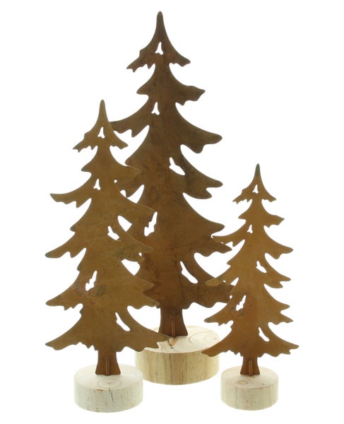 FRANK FLECHTWAREN | Metalldeko Tanne, 3er Set, 8 x 18 cm, 10 x 23 cm, 13,5 x 30 cm, METALL, HOLZ