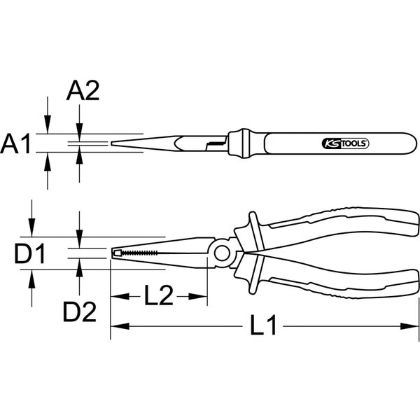Technische Zeichnung einer Zange mit Maßangaben und KS Tools Logo