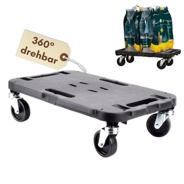 Rollbrett mit drehbaren Rollen und einem angehängten Etikett, das "360 Grad drehbar" anzeigt; zusätzlich ist ein Rollbrett mit Getränken zu sehen