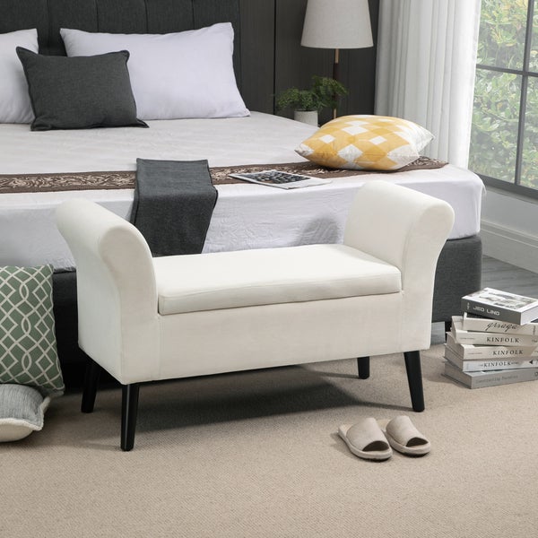 HOMCOM Sitzbank Polsterbank mit Stauraum Bettbank mit Armlehne für Flur Schlafzimmer samtartiges Polyester 111,5 x 41 x 65 cm Cremeweiß