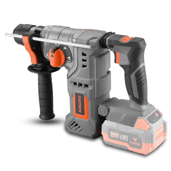 Fuxtec Akku Bohrhammer mit 20 Volt E Fux System inklusive Zusatzhandgriff und Tiefenanschlag für Bohrarbeiten