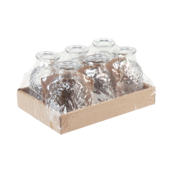 Sechser-Set kleine Glasvasen mit Rautenmuster in einem Karton.