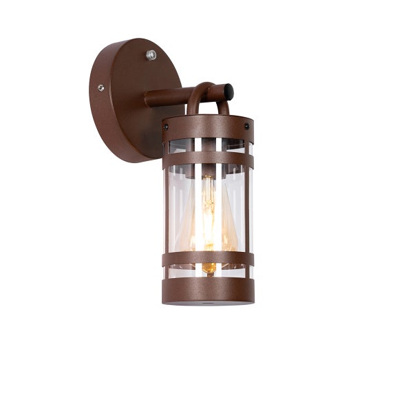 Braune Außenwandleuchte aus Metall und Glas in Zylinderform mit sichtbarem Leuchtmittel.
