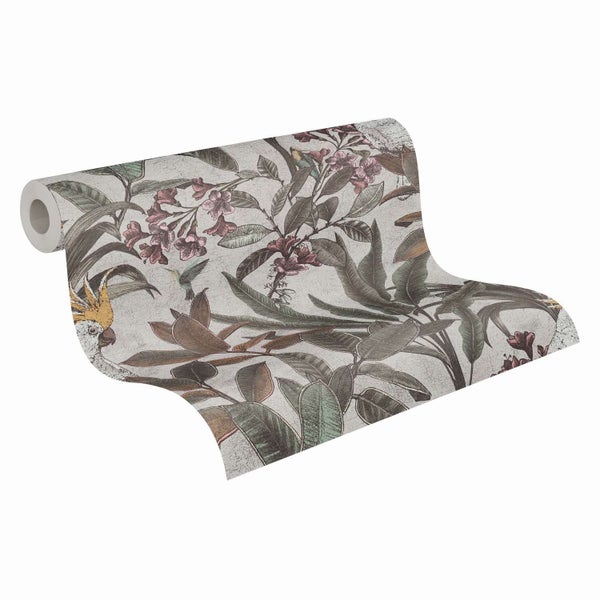 Vliestapete mit tropischem Dschungelmotiv, Kakadus und Blumen in strukturierter Optik, ideal für eine moderne Wandgestaltung.