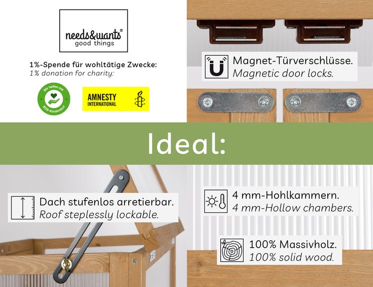 needs&wants® Mini Gewächshaus Treibhaus klein winterfest aus Holz für Balkon Garten Indoor, Frühbeet Hochbeet Pflanzschrank Anzuchthaus, Polycarbonat