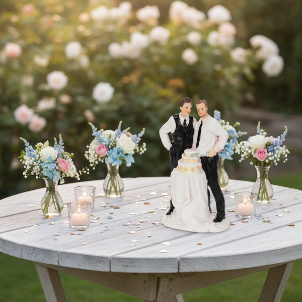 Tortenfigur mit zwei Bräutigamen beim Anschneiden einer Hochzeitstorte auf einem festlich dekorierten Tisch im Garten.
