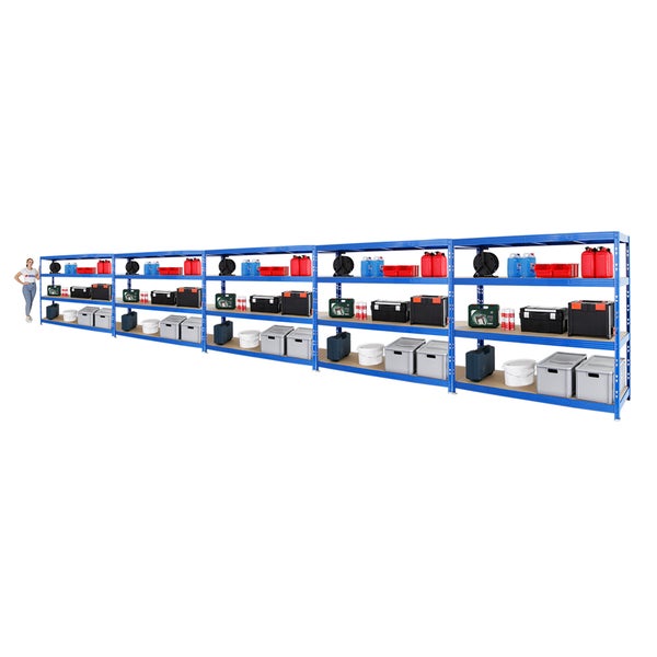 PROREGAL Mega Deal 5x Profi Schwerlastregal Rhino HxBxT 180 x 200 x 60 cm 4 Spanplatten-Ebenen 16mm Fachlast 500 kg Blau