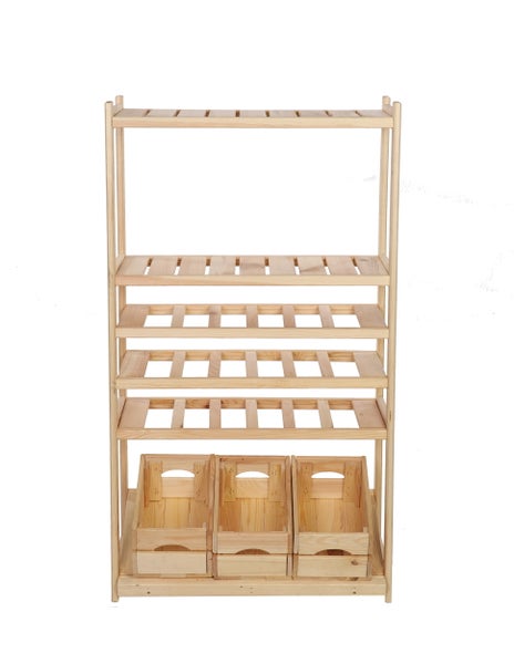 PROREGAL Getränkekisten- & Weinregal SPREEWALD HxBxT 124x70x33cm 18 Flaschen auf 3 Ebenen + 1 Ebene für Kisten + 2 Ablagen Massives Kiefernholz Natur