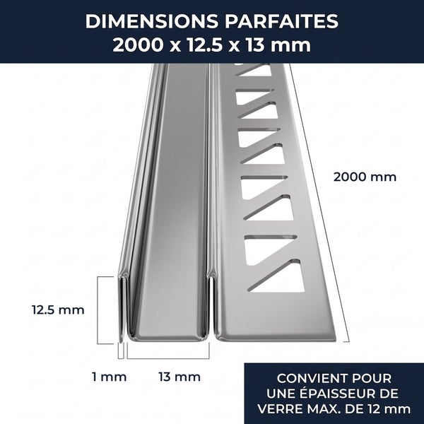 Edelstahlprofil für Glas mit Maßen: Länge 2000 Millimeter, Höhe 12,5 Millimeter, Breite 13 Millimeter, für Glas bis zu 12 Millimeter Dicke.