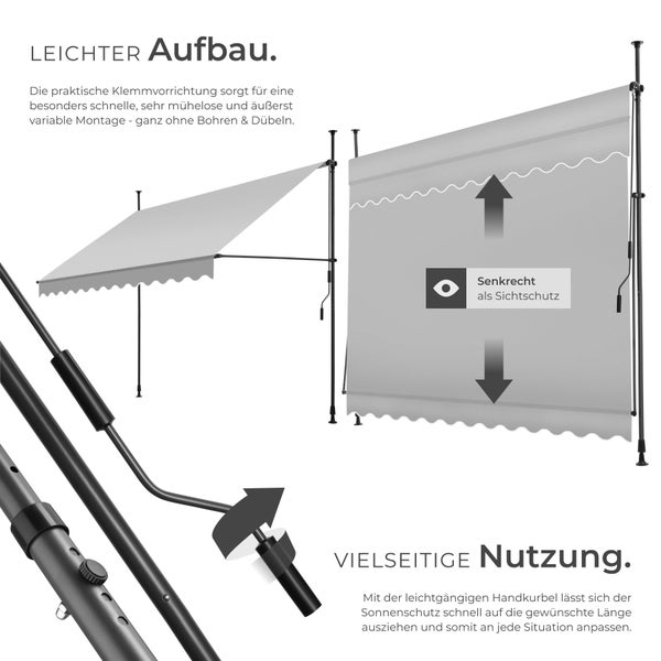 Klemmmarkise tectake  einfache Montage mit Handkurbel hellgrau