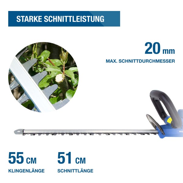 Akku-Heckenschere von Hyundai mit D-Griff und vier Amperestunden Akku, Gesamtgewicht zwei Komma sieben Kilogramm.