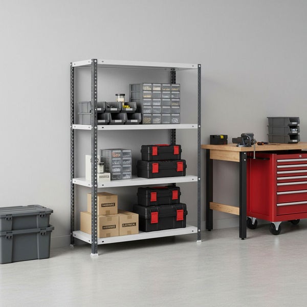 Organisierter Werkstattbereich mit einem Schwerlastregal aus Metall, einer Werkbank mit Schraubstock und einem fahrbaren Werkzeugwagen.
