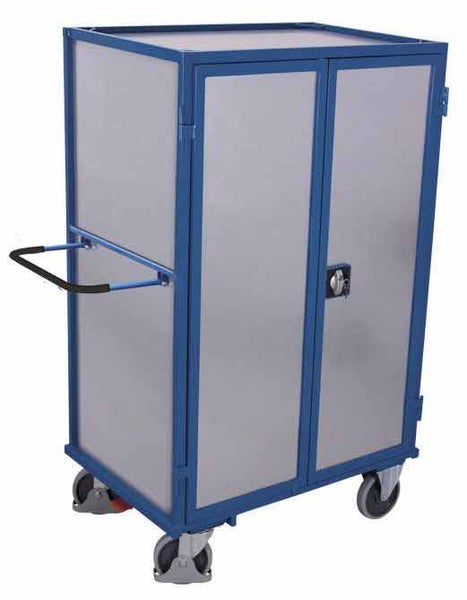 Blauer Schrankwagen mit zwei Türen, Schiebegriff und vier Rollen für Werkstatt und Lager.