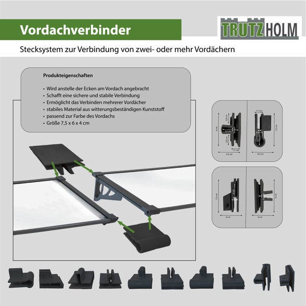 Trutzholm Vordachverbinder Stecksystem aus witterungsbeständigem Kunststoff zur Verbindung von mehreren Vordächern inklusive Maßangaben.