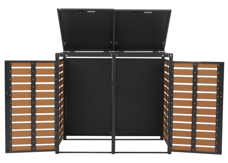 Mülltonnenbox für zwei Mülltonnen mit geöffneten Türen und Deckeln