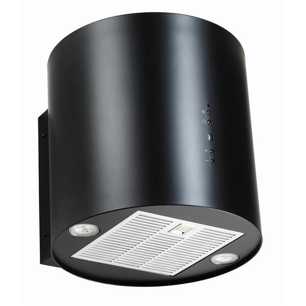 Schwarze, zylindrische Dunstabzugshaube zur Wandmontage